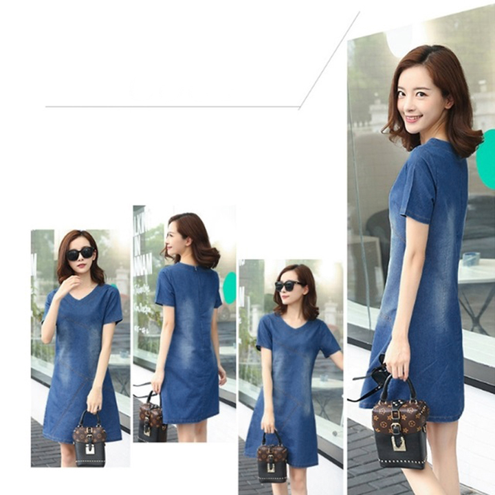 ĐẦM JEAN SUÔNG CỔ TIM FORM A CHỈ NỔI CÁCH ĐIỆU